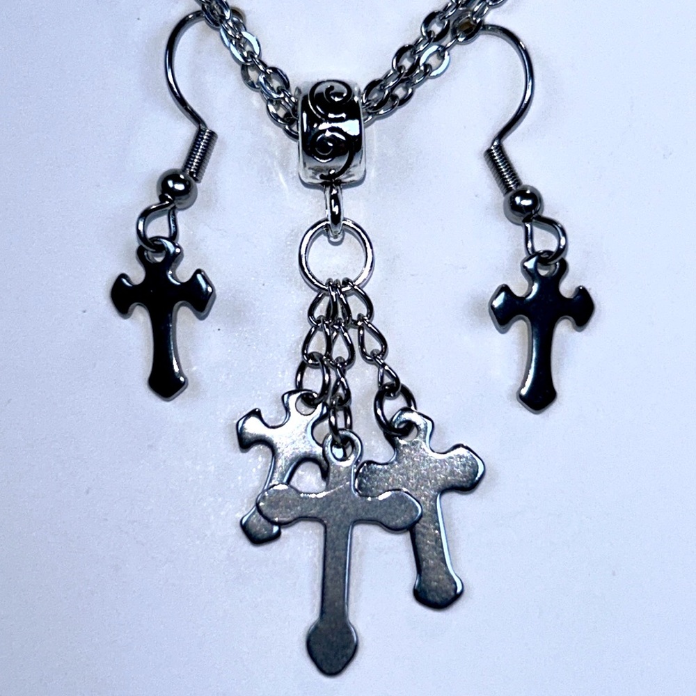 Artisan Handmade Stainless Steel “3 Dangling Crosses” Necklace & Earrings Set